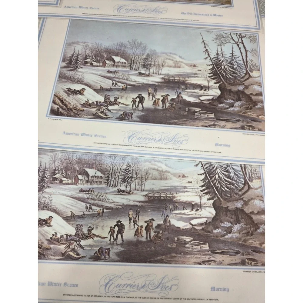 8 Vintage Christmas Placemats Winter Scene Holly‎ Candle Decor Currier & Ives